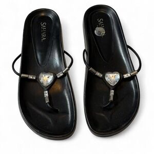 Vintage Y2K SAHARA Patti Black Heart Rhinestone Thong Sandals, Women's Size 7.5